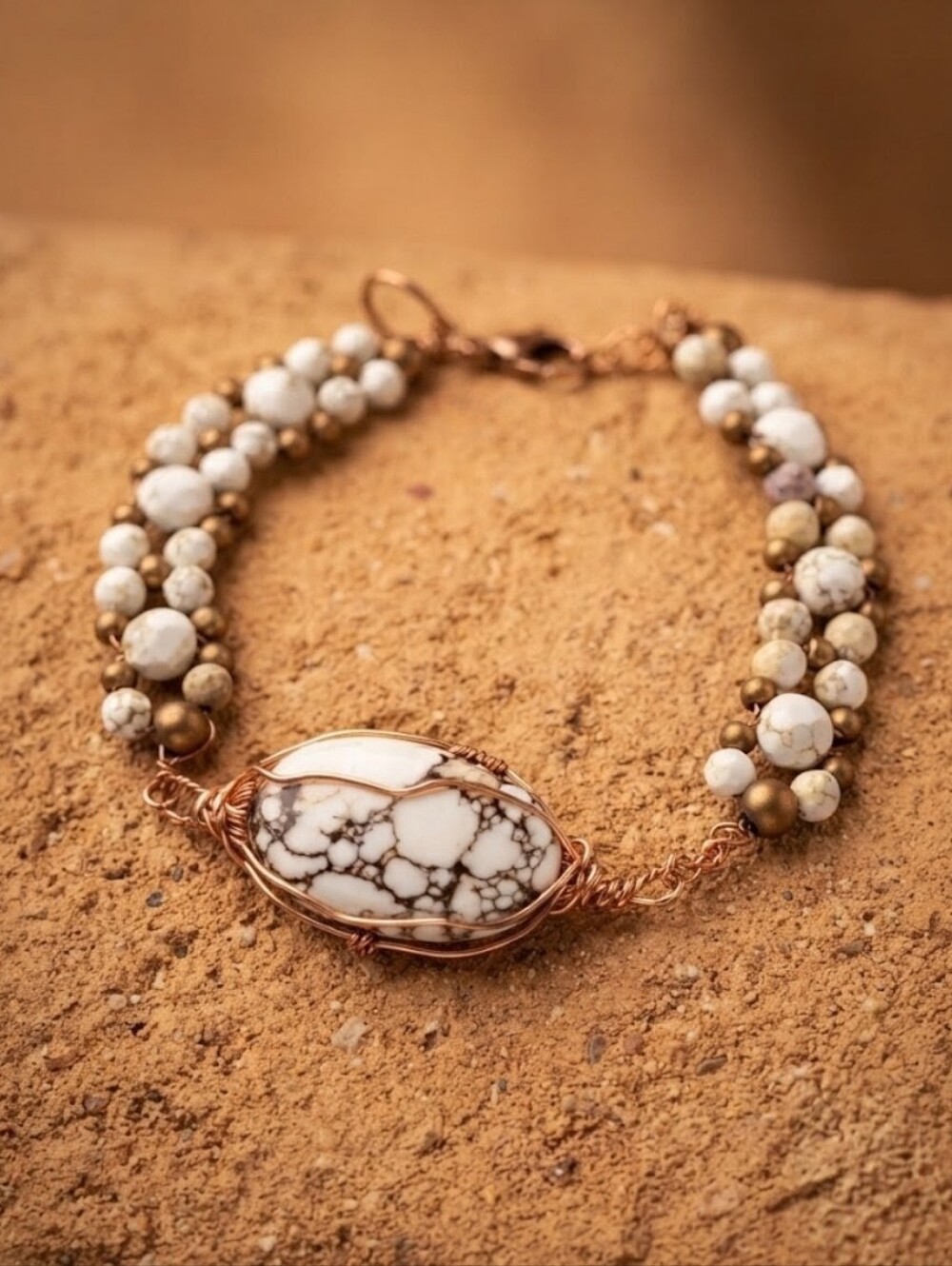 Natural Wild Horse Jasper In Handwoven Bohemian Artisan Copper Bracelet